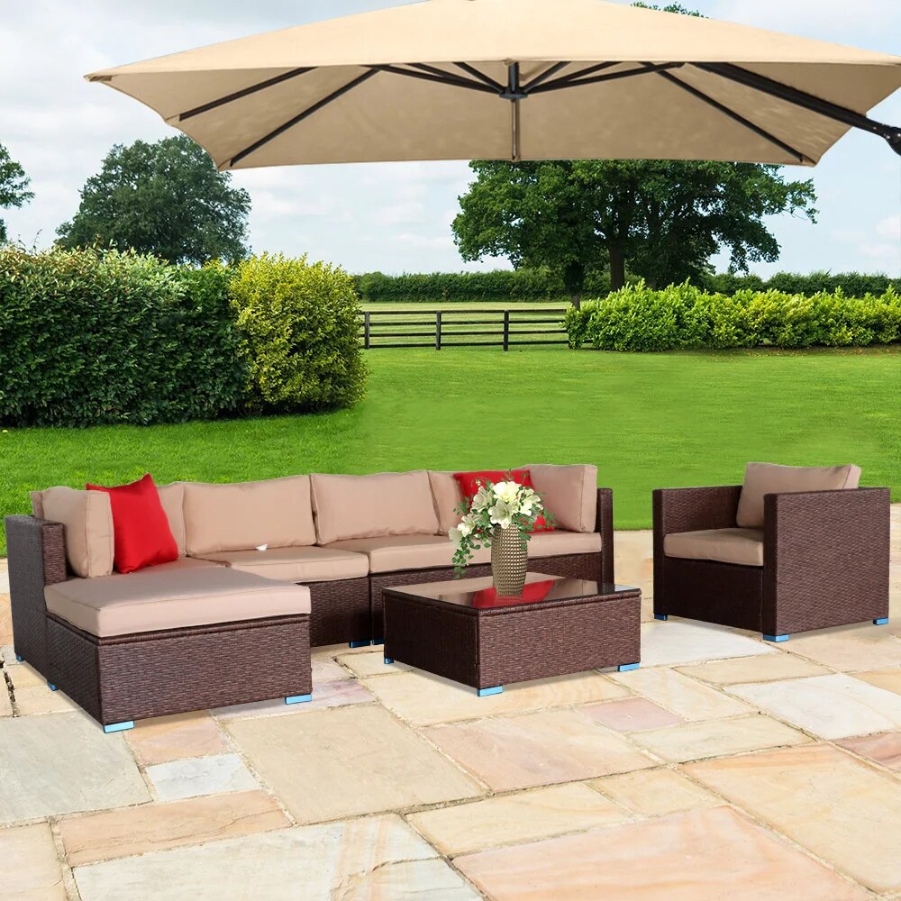 Patio Sofa Furniture 7 Pieces Wood Grain Patio PE Wicker Rattan Corner Sofa Set  Patio Sofa Furniture Outdoor Set