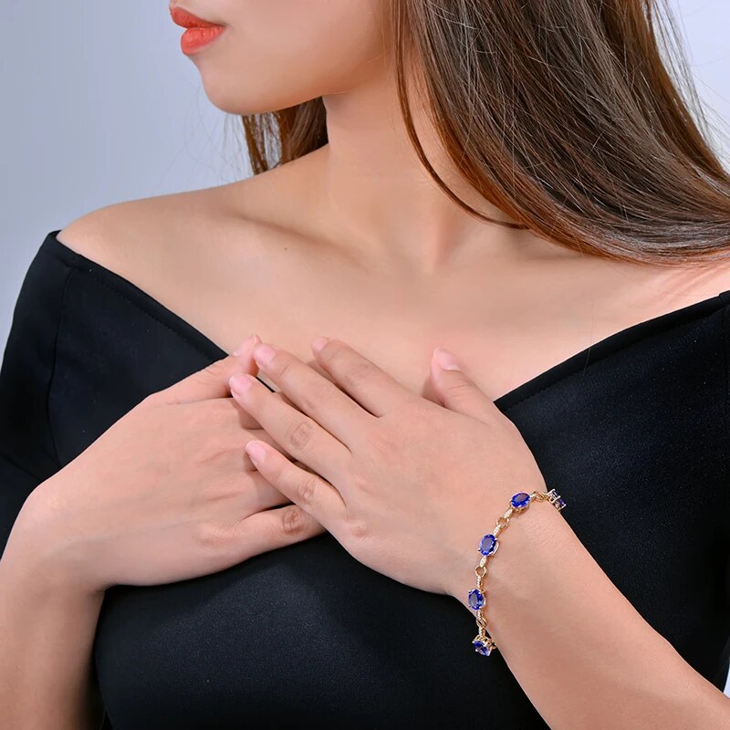 LOVERJEWELRY Lady Tanzanite Bracelets Gold Yellow Pure 14Kt AU585 Natural Blue Tanzanite Gemstones With Diamonds Women Bracelet