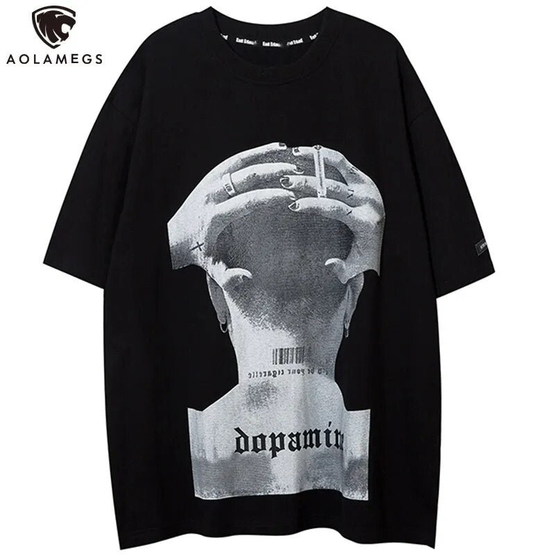 Aolamegs Men's Tee Shirts High Street Cool Boy Printed Oversized T Shirt Men Summer Casual All-match Vintage Advanced Streetwear