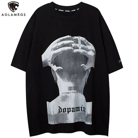 Aolamegs Men's Tee Shirts High Street Cool Boy Printed Oversized T Shirt Men Summer Casual All-match Vintage Advanced Streetwear