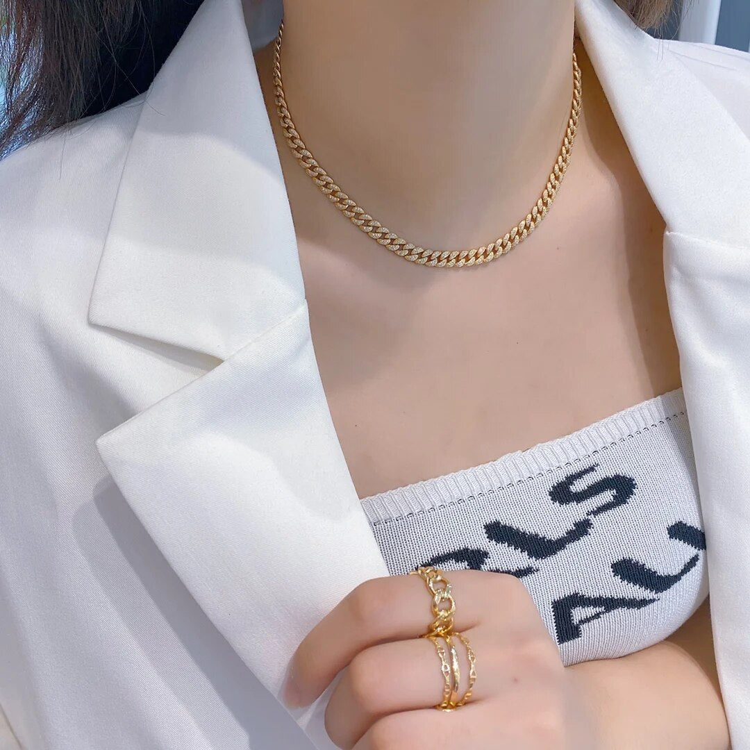 16 Inch 18k Yellow Gold Diamond Hip Hop Cuban Link Chain Miami Necklace Jewelry for Women