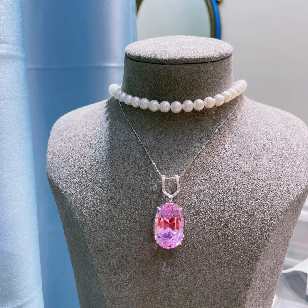 LR713 Fine Jewelry Real Pure 18K White Gold Jewelry 100% Natural Kunzite 35ct Gemstone Diamonds Pendant Neckalces for Women