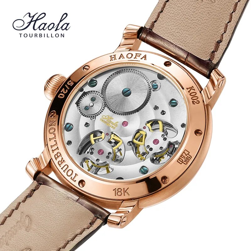 HAOFA Luxury 18K Gold Double Tourbillon Movement Skeleton Mens Watch Manual Mechanical Diamond Rose Watch For Men Sapphire K002
