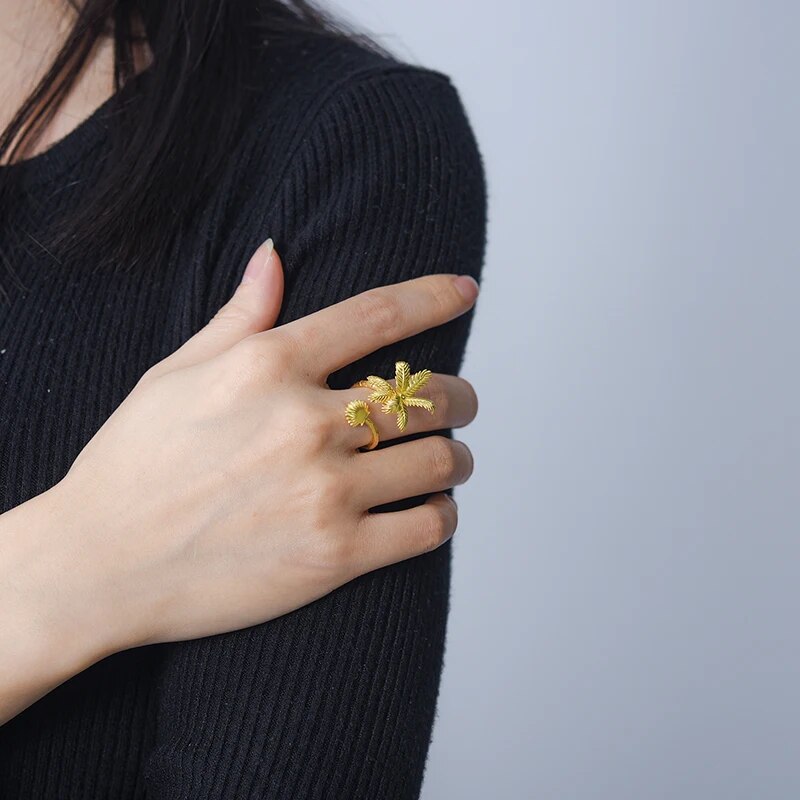 Lotus Fun 18K Gold  Beach View Coconut Trees and Shells Big Adjustable Rings for Women Real 925 Sterling Silver Dating Jewelry