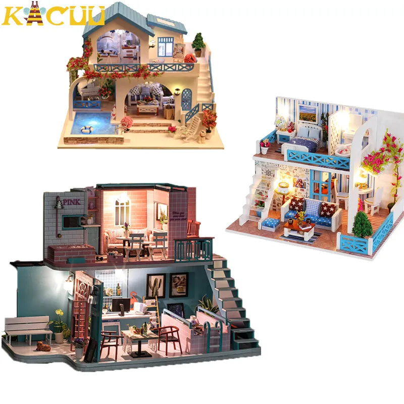 Children DIY Doll House With Furnitures Kits Wooden Miniatures Doll Houses Dollhouse With LED Baby Assemble Toys Christmas Gifts