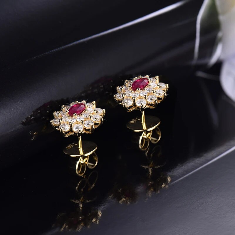 LOVERJEWELRY Stud Ruby Earrings for Women Engagement Party Oval Natural Ruby 1.64Ct Diamonds Real 18K Yellow Gold Female Earring