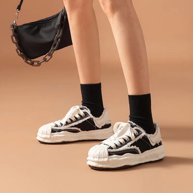 BeauToday Platform Sneakers Women Cow leather Denim Patchwork Lace Up Retro Ladies Shoes Chunky Sole Handmade 29127
