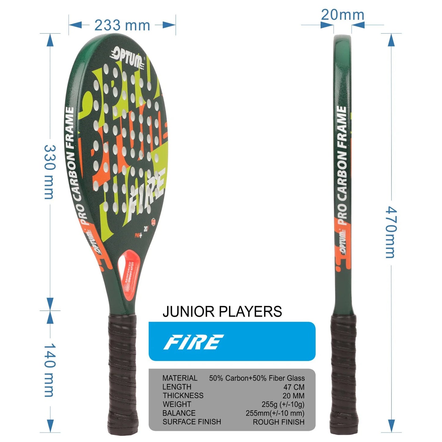 OPTUM Fire Carbon Fiber Junior Beach Tennis Racquet set (2 Rackets, 2Balls, 2 Cover Bags)  Light  Racket For Young