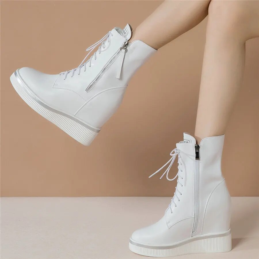 Platform Trainers Women Lace Up Cow Leather Wedges High Heel Pumps Shoes Female High Top Round Toe Fashion Sneakers Casual Shoes