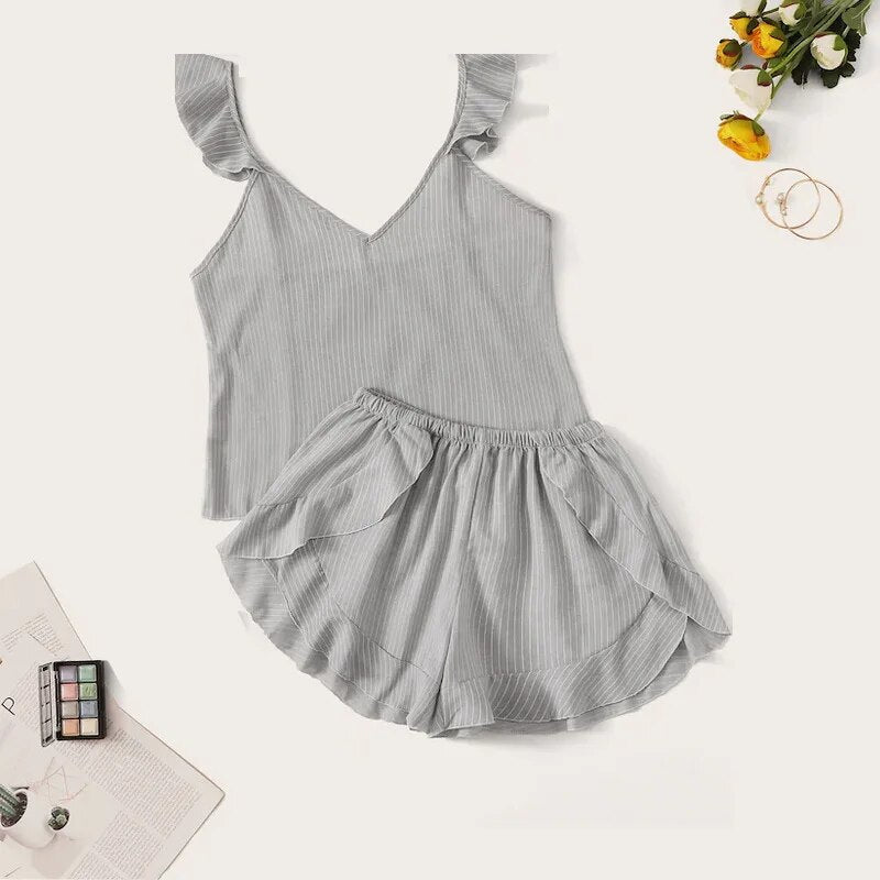 Sanderala Pyjamas Women Cute Sleepwear Pajamas Suit Blue Lotus Leaf Lingerie Female Summer Underwear Nighty Suspenders Homewear