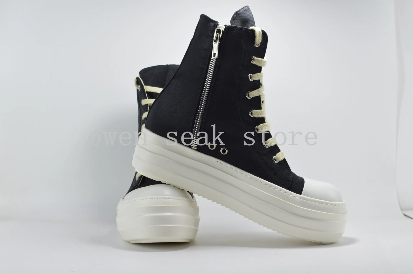 Owen Seak Men High-TOP Double Platform Heels Sneakers Lace Up Women Canvas Casual Boots Height Increasing Zip Flats Black Shoes