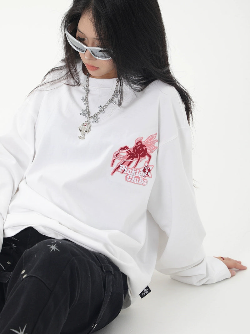 Spider Print Long Sleeve T-shirt Loose Chinese Fad Small Embroidery