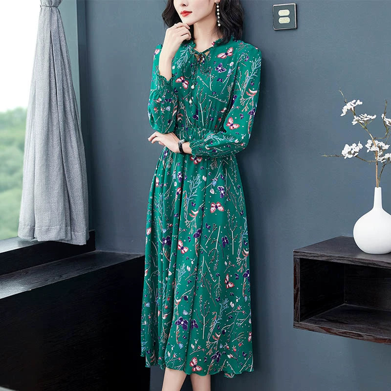 Spring and Autumn Base Slimming Long Elegant Chiffon Dress