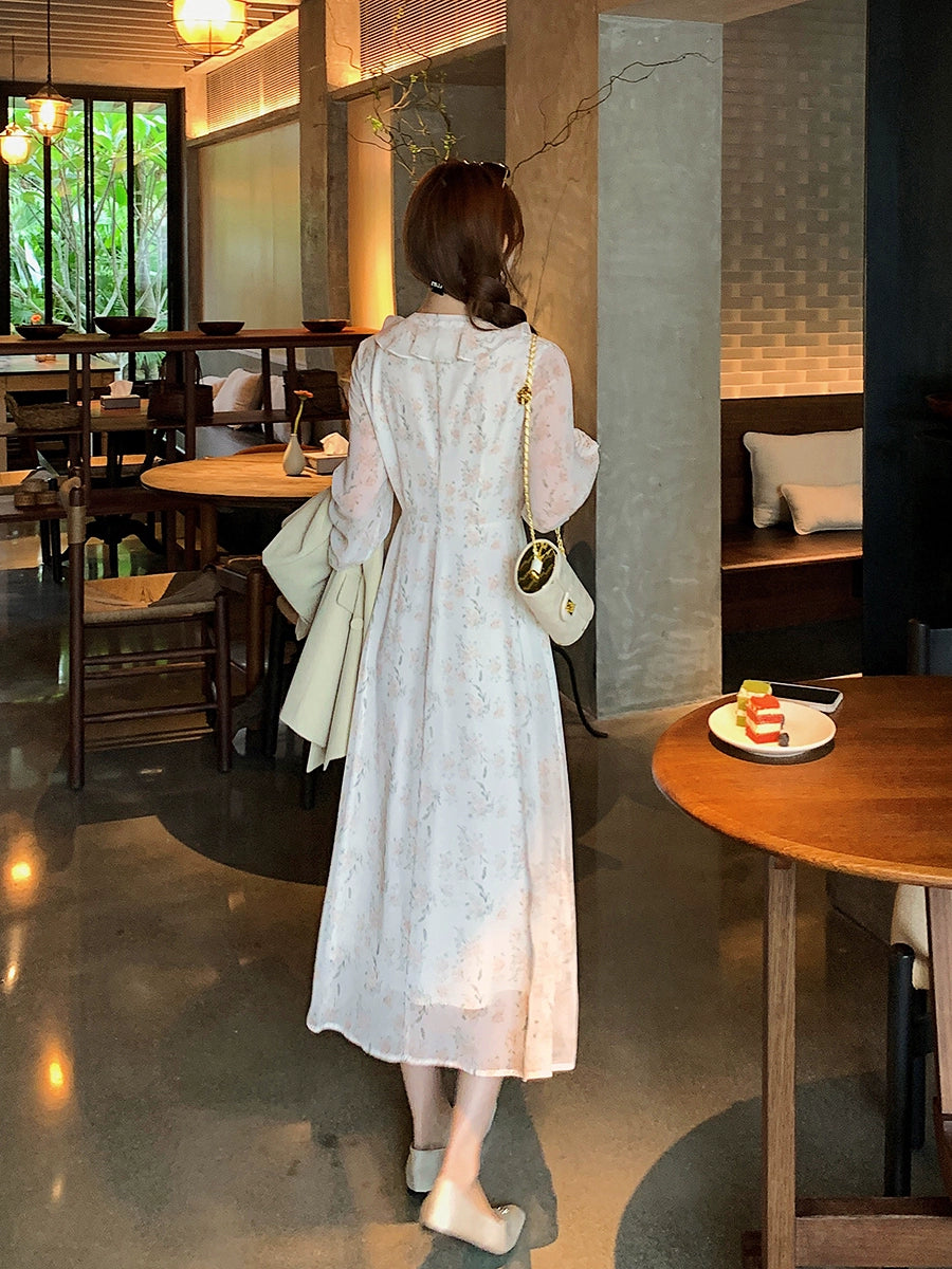 Lady Dao Ge Long-Sleeved Chiffon Slim-Fit A- line Floral Skirt