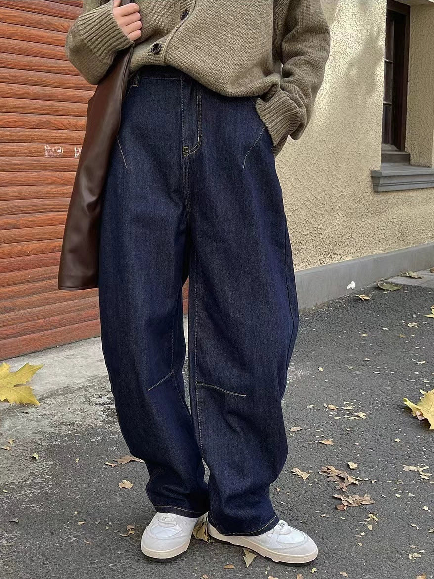 Early Spring New Arrived Arc Wide Leg Banana Pants Japanese Retro Style High Waist Jeans Texture Thickening Ankle Banded Baggy Pants