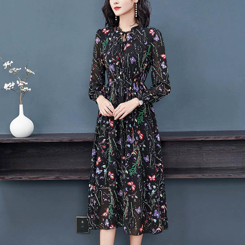 Spring and Autumn Base Slimming Long Elegant Chiffon Dress