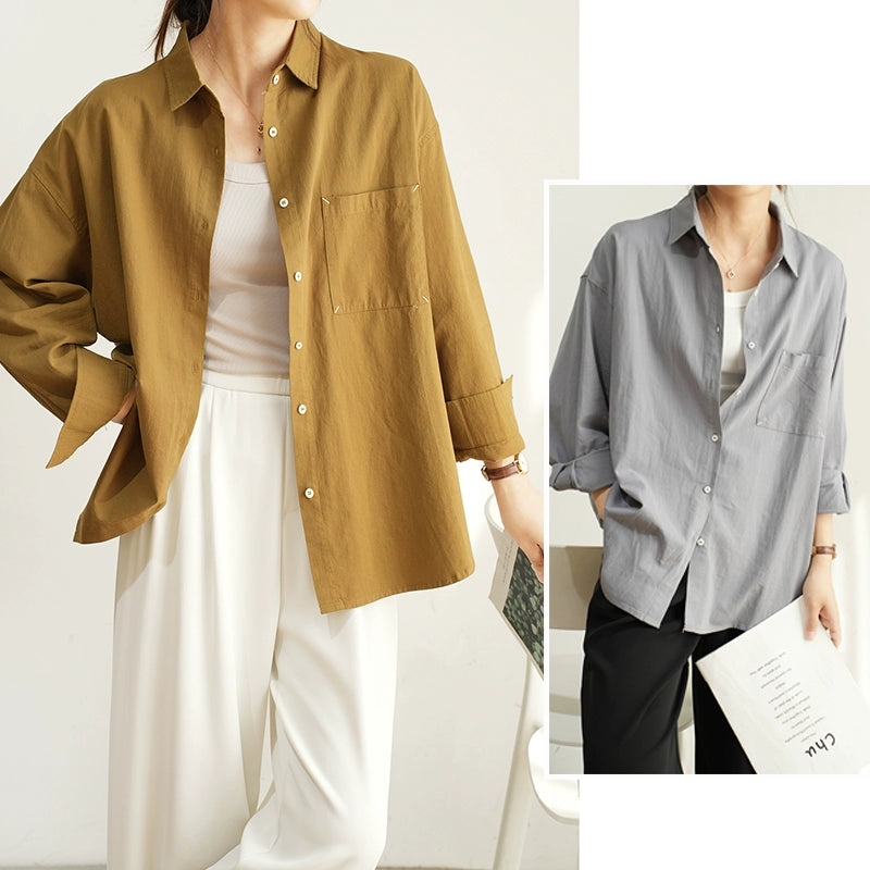 Boyfriend Style Cotton Large Pocket Long Sleeve Spring and Autumn Shirt