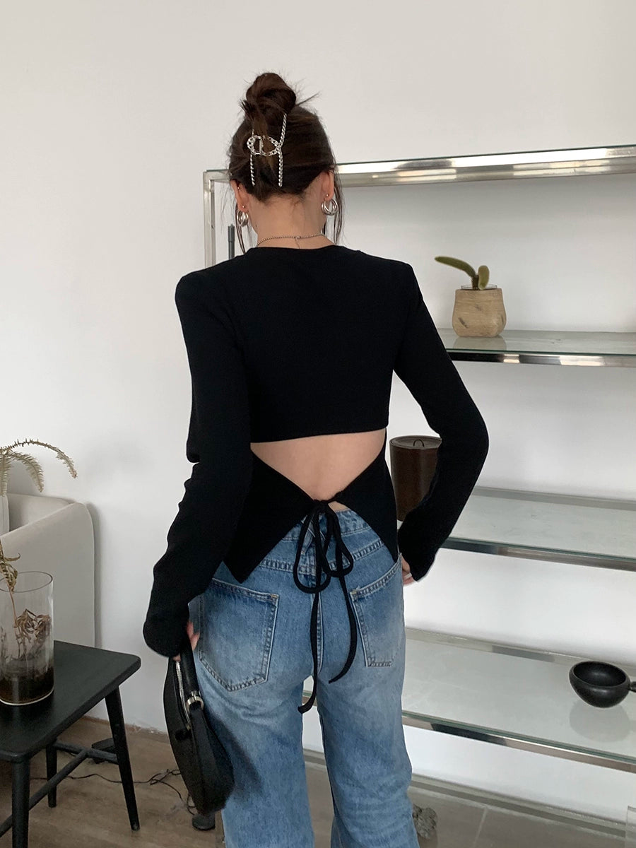 RED People's Hall Long-Sleeved Bottoming Shirt Women's Spring and Autumn 2023 New Black T-shirt Stylish Niche Short Sexy Top