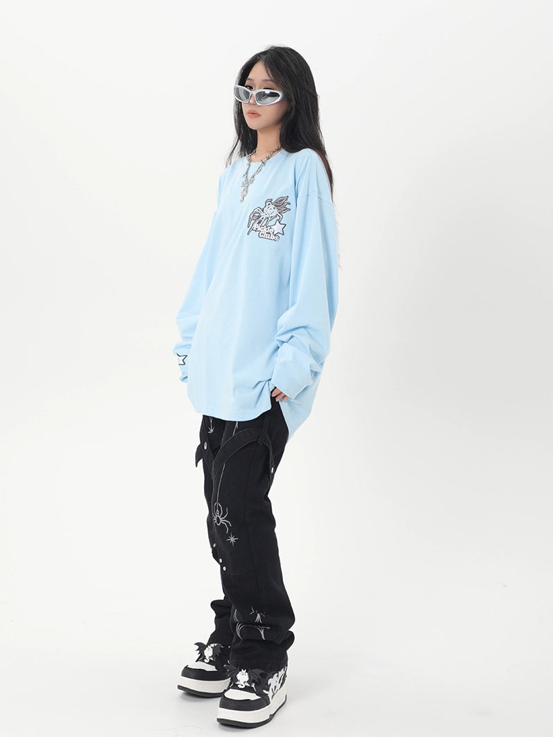 Spider Print Long Sleeve T-shirt Loose Chinese Fad Small Embroidery