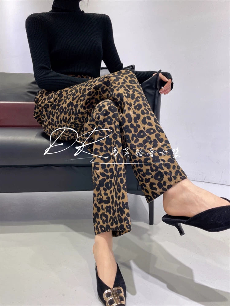 Leopard Print Commuter Ins Straight High Waist Slim Looking Casual Pants