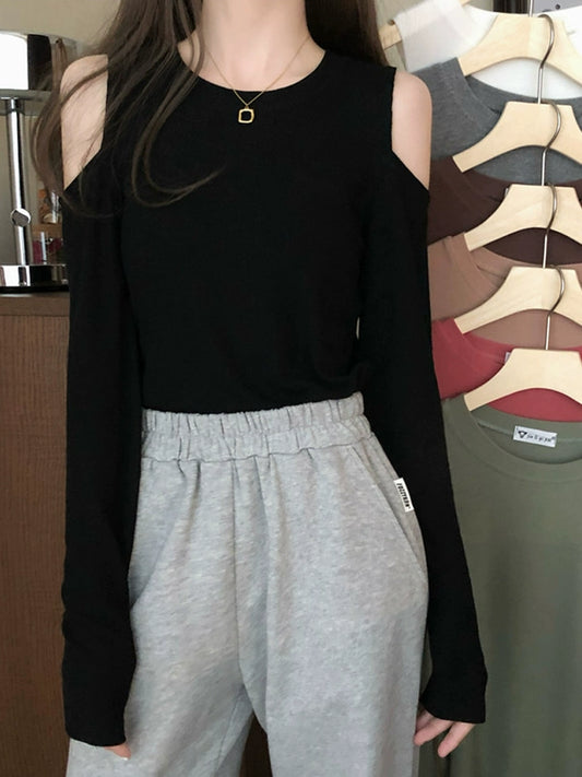Age Reduction Early Autumn Western Style off-the-Shoulder Upper Clothes Long Sleeves T-shirt