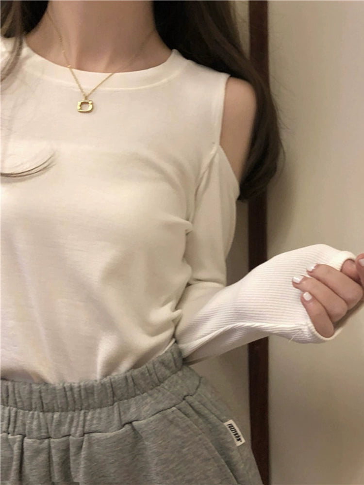Age Reduction Early Autumn Western Style off-the-Shoulder Upper Clothes Long Sleeves T-shirt
