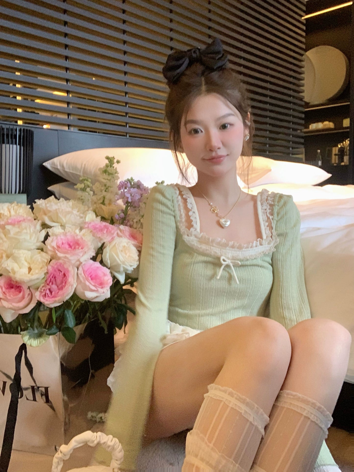 Miss Weiss Jasmine Green Tea Square Collar Knitted Top