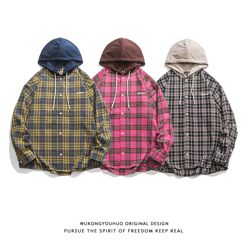 Wukong Goods American Street Plaid Hooded Color Matching Long-Sleeved Shirt Men and Women Retro Loose All-Matching Casual Shirt