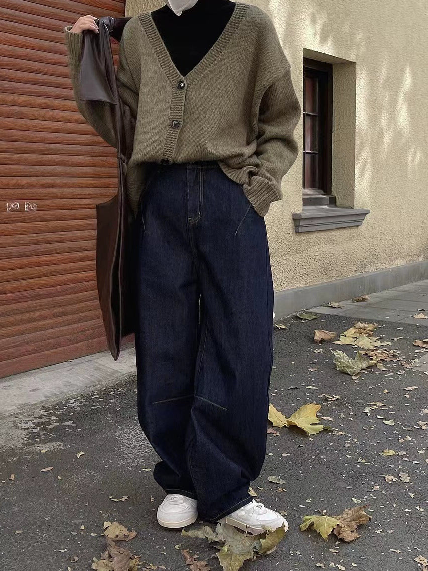 Early Spring New Arrived Arc Wide Leg Banana Pants Japanese Retro Style High Waist Jeans Texture Thickening Ankle Banded Baggy Pants
