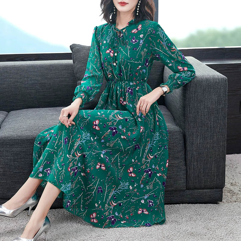 Spring and Autumn Base Slimming Long Elegant Chiffon Dress