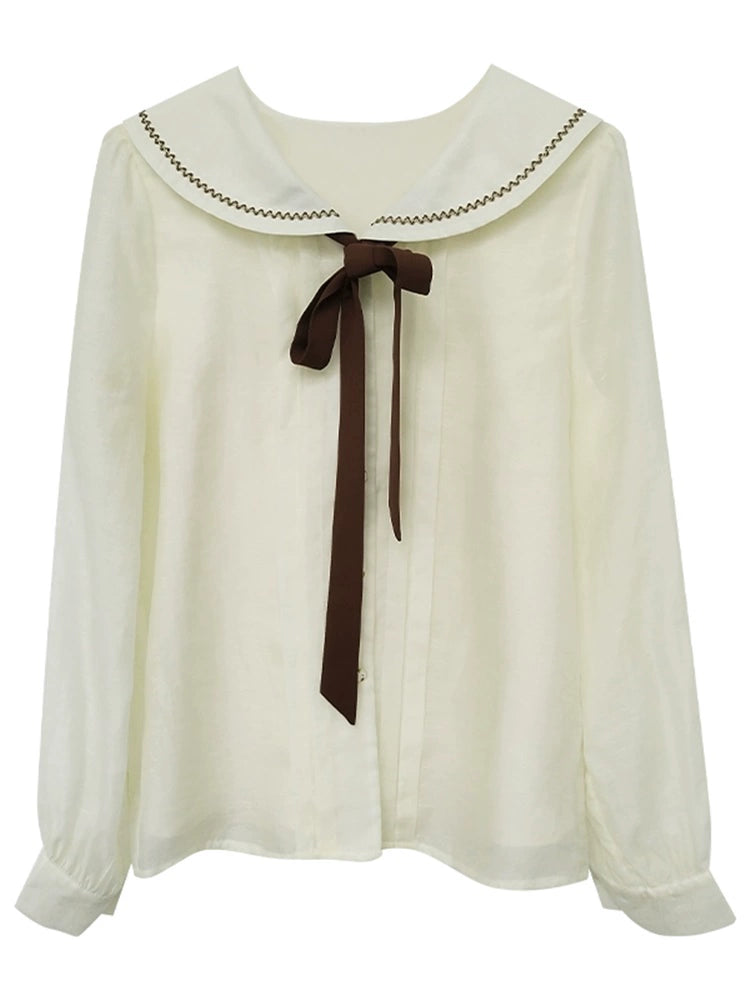 Anne Chen Long Sleeve Shirt Niche Top Bow
