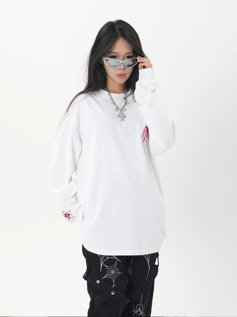 Spider Print Long Sleeve T-shirt Loose Chinese Fad Small Embroidery