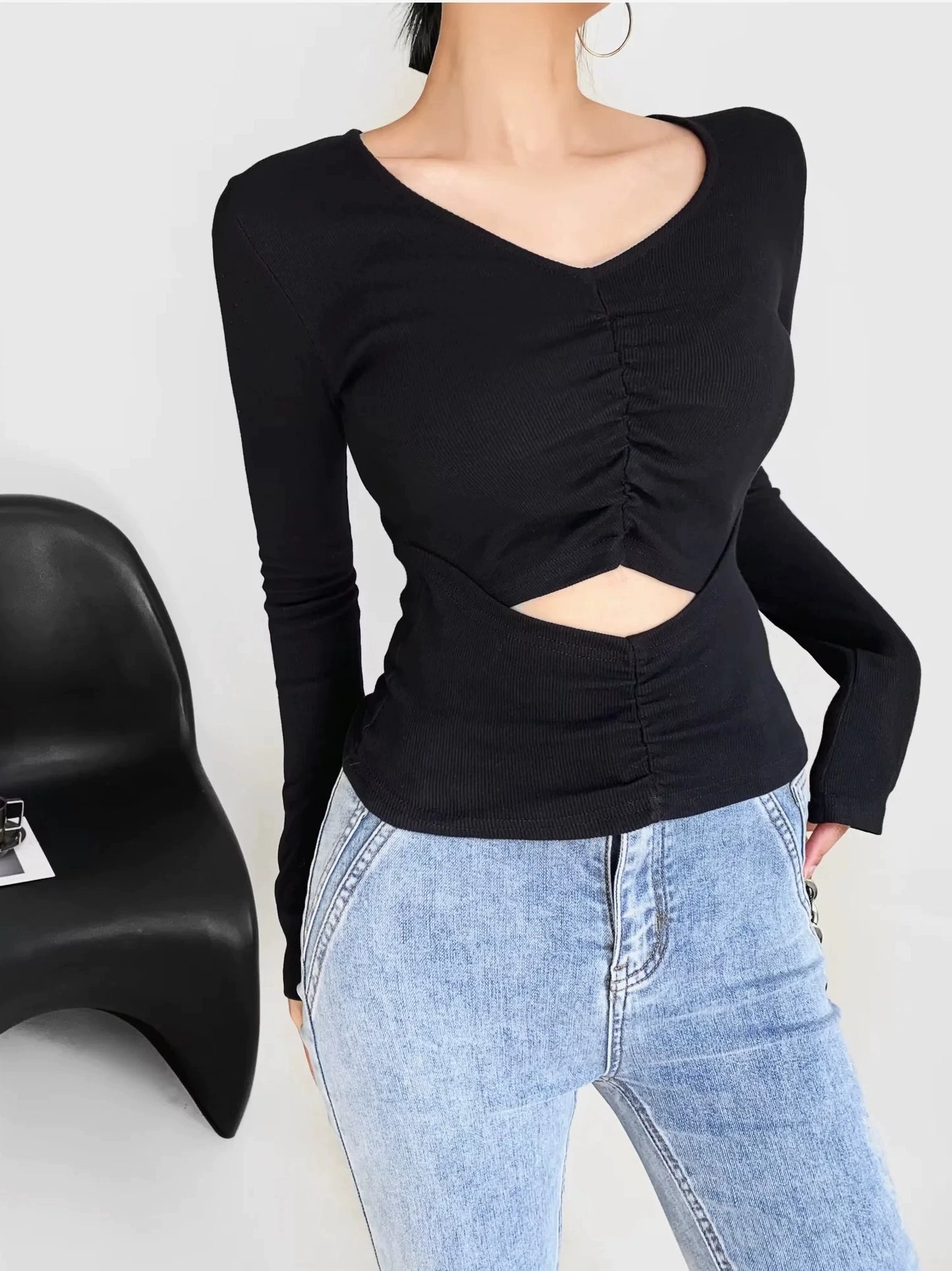 ZR Sexy Cutout Slim Fit Pleated Upper Clothes Long Sleeves T-shirt