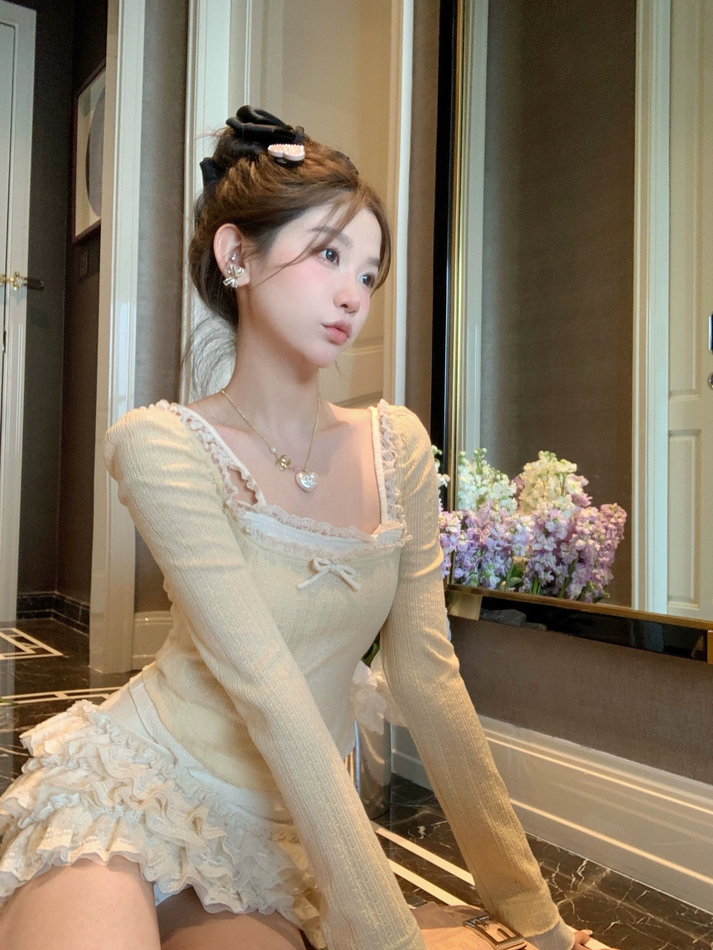 Miss Weiss Jasmine Green Tea Square Collar Knitted Top