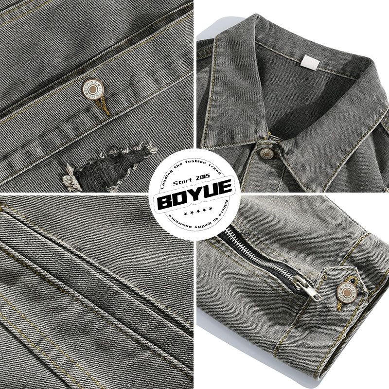 Trendy Spring and Autumn Distressed Loose Denim Jacket