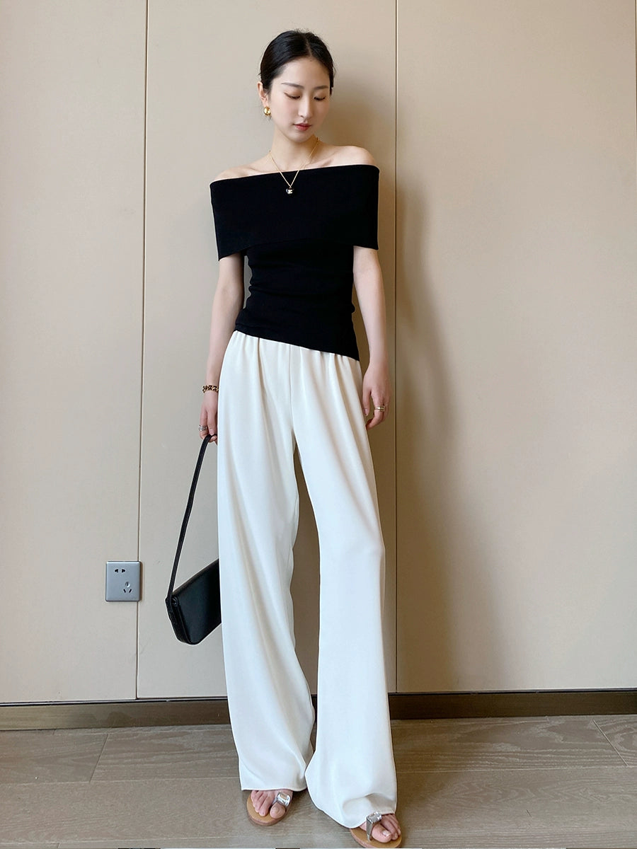 Pinkeen Black off-Shoulder Short-Sleeved Sweater Women's Summer 2023 New Design Sense Slim Fit Slimming Top