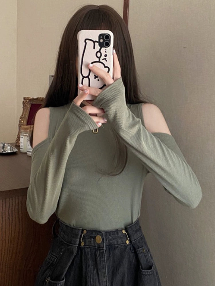 Age Reduction Early Autumn Western Style off-the-Shoulder Upper Clothes Long Sleeves T-shirt