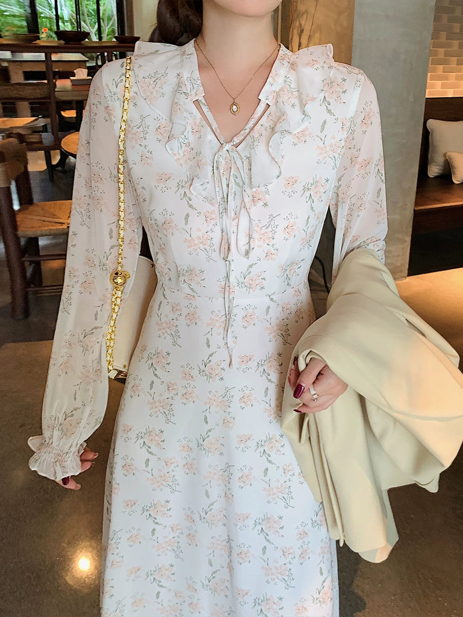 Lady Dao Ge Long-Sleeved Chiffon Slim-Fit A- line Floral Skirt