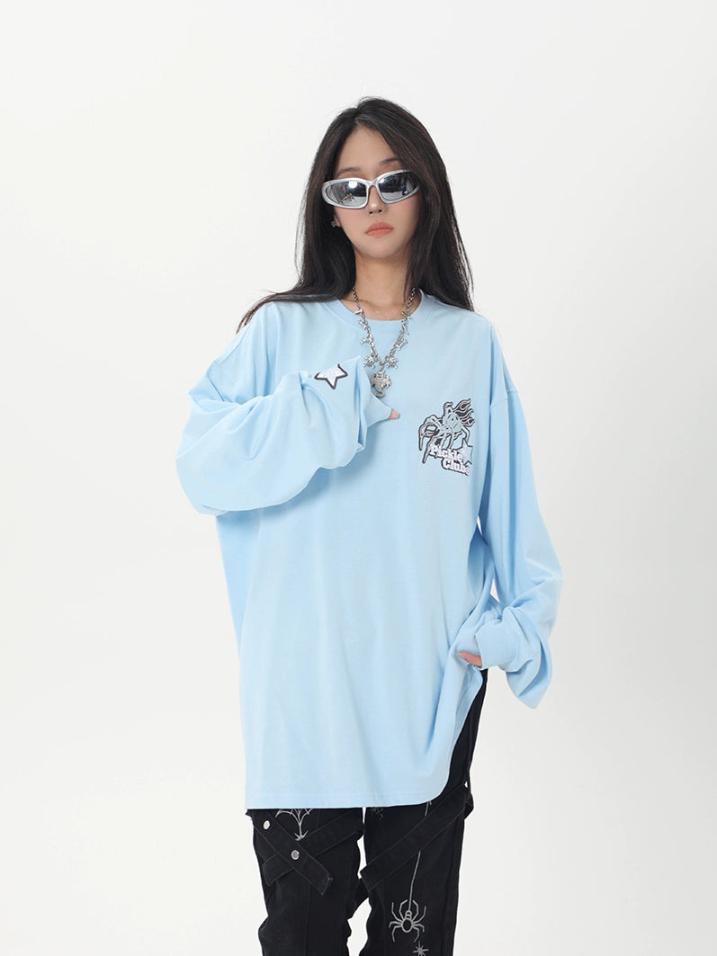 Spider Print Long Sleeve T-shirt Loose Chinese Fad Small Embroidery