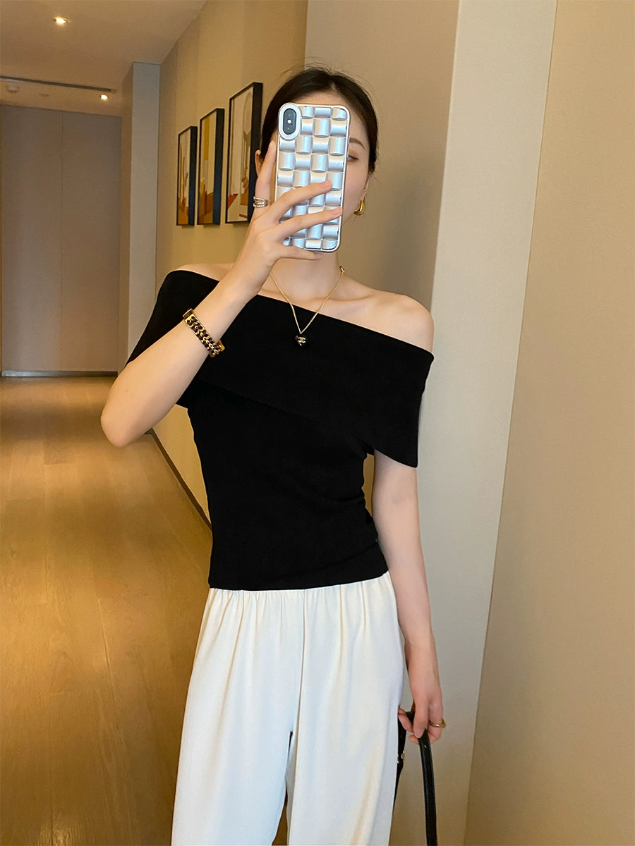 Pinkeen Black off-Shoulder Short-Sleeved Sweater Women's Summer 2023 New Design Sense Slim Fit Slimming Top