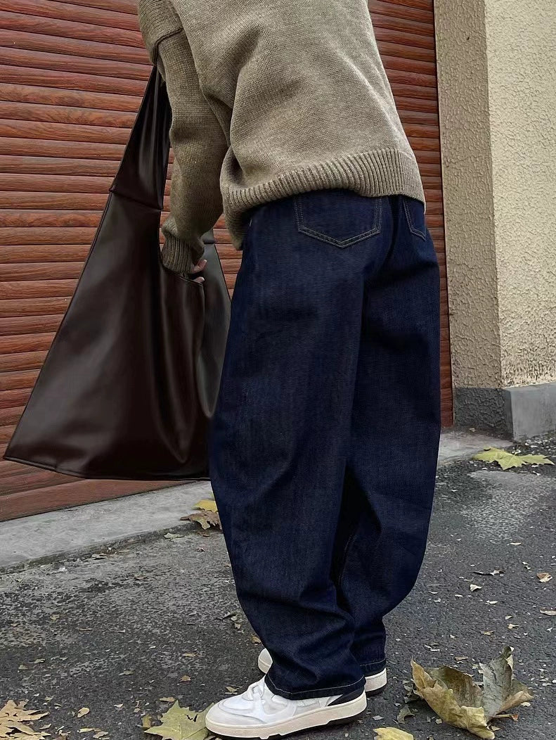 Early Spring New Arrived Arc Wide Leg Banana Pants Japanese Retro Style High Waist Jeans Texture Thickening Ankle Banded Baggy Pants