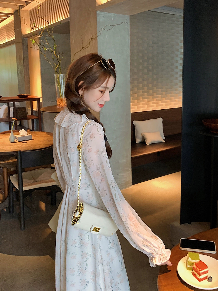 Lady Dao Ge Long-Sleeved Chiffon Slim-Fit A- line Floral Skirt
