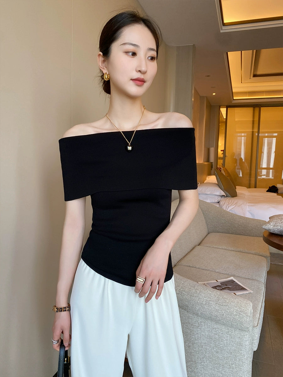 Pinkeen Black off-Shoulder Short-Sleeved Sweater Women's Summer 2023 New Design Sense Slim Fit Slimming Top