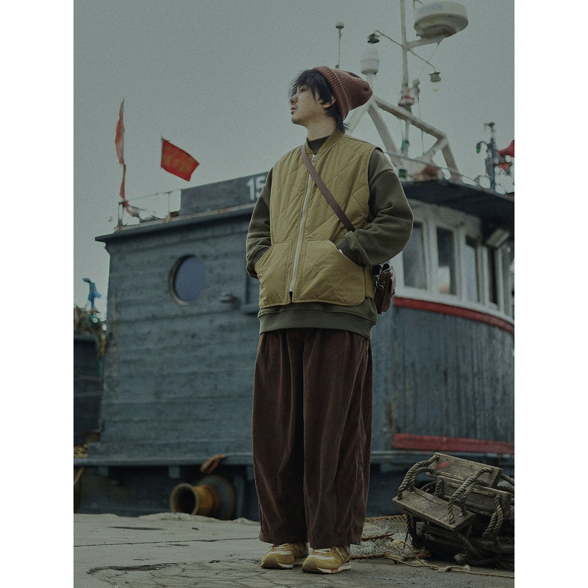 Diamond Plaid Baseball Collar Japanese Loose Cotton Coat Jacket Vest