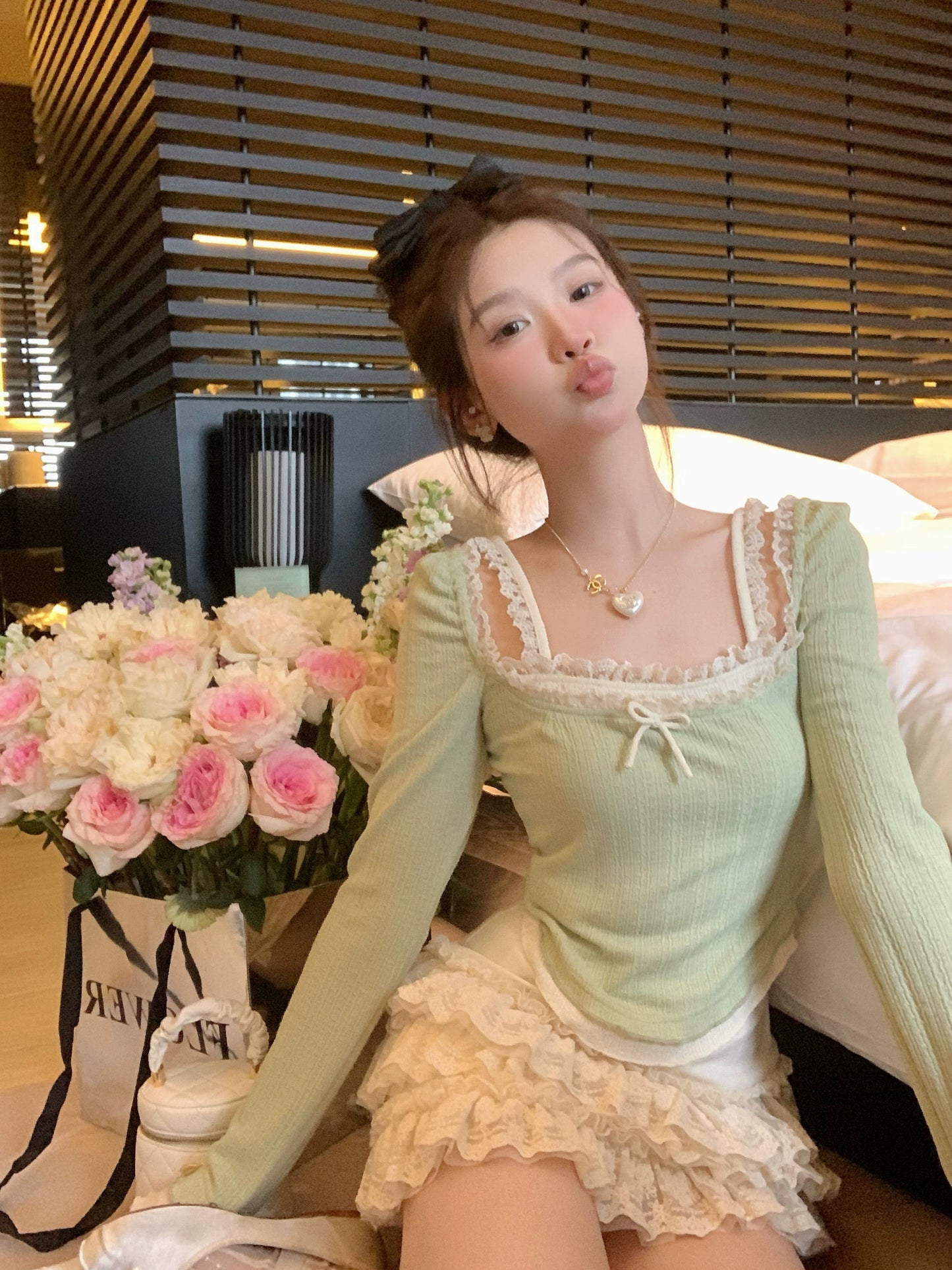 Miss Weiss Jasmine Green Tea Square Collar Knitted Top