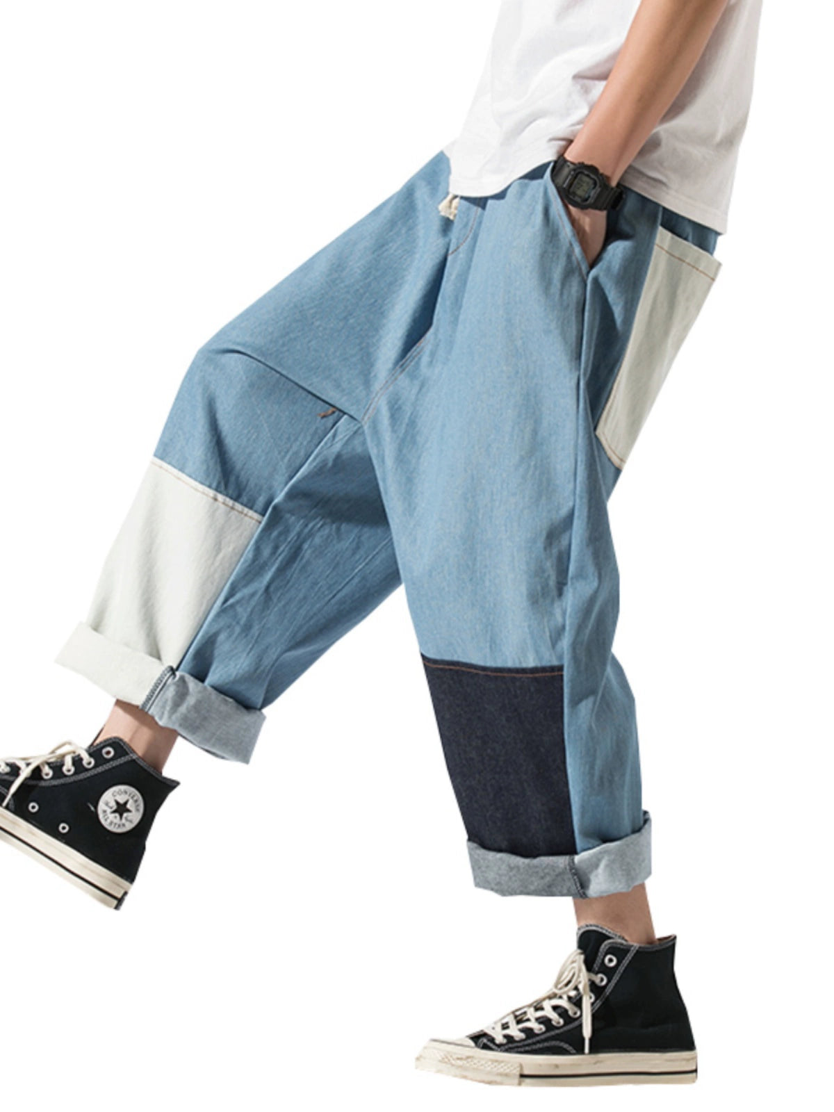 Patch Jeans Men's Straight Loose Fashion Brand plus Size Elastic Band Casual Wide Leg Cropped Tappered Pants Spring and Autumn