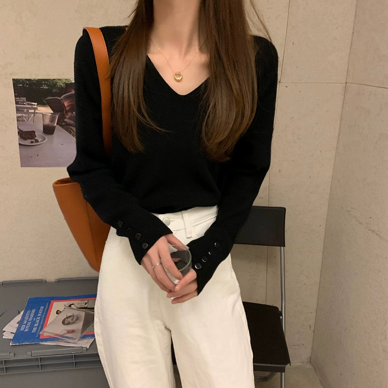 Chic Autumn Long Sleeve Pullover Hong Kong Style V Neck Sweater