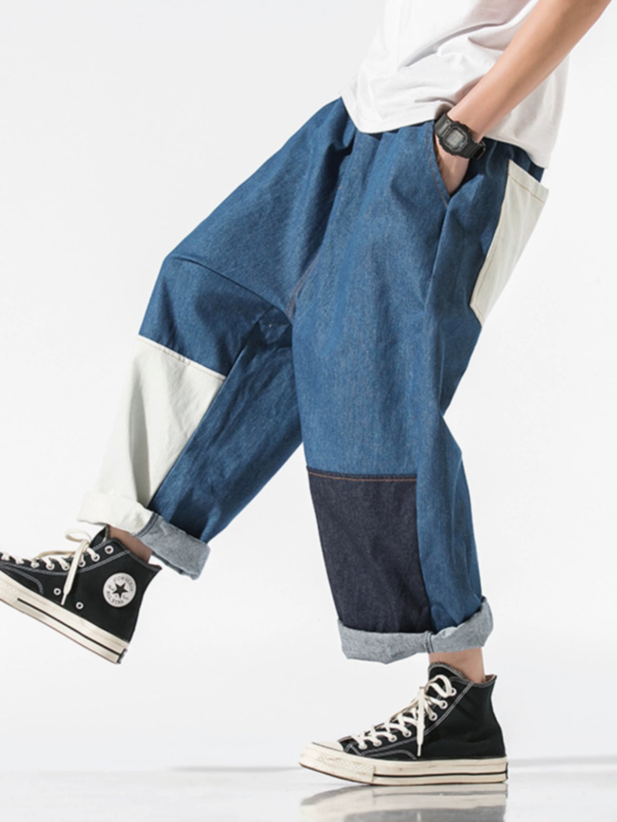 Patch Jeans Men's Straight Loose Fashion Brand plus Size Elastic Band Casual Wide Leg Cropped Tappered Pants Spring and Autumn