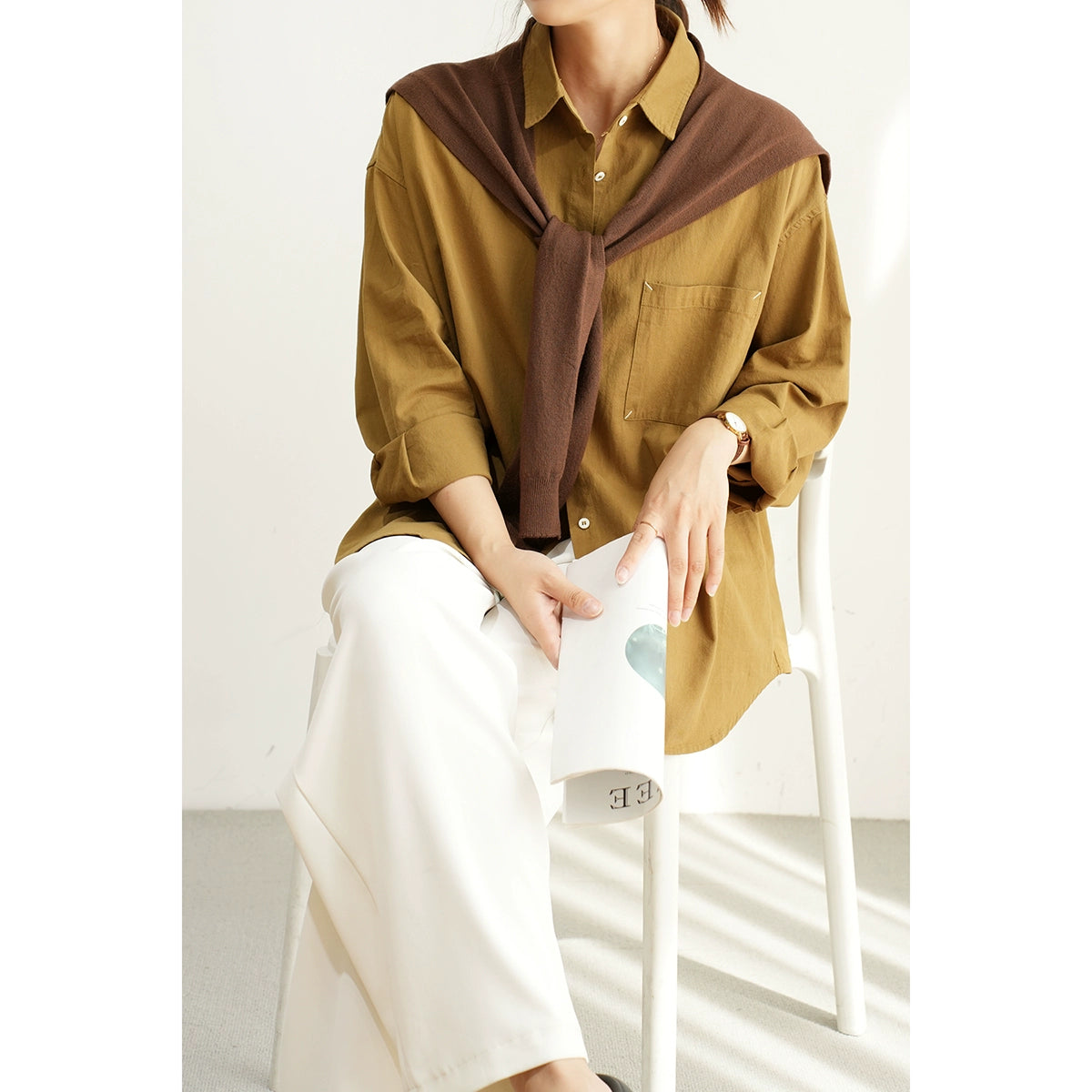 Boyfriend Style Cotton Large Pocket Long Sleeve Spring and Autumn Shirt