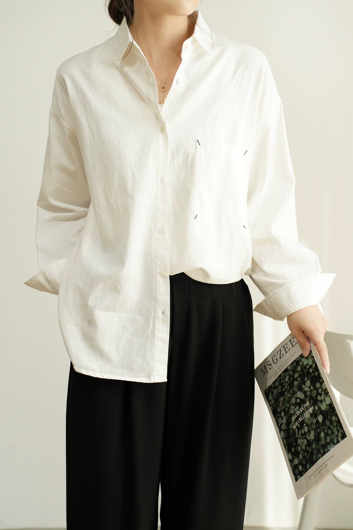 Boyfriend Style Cotton Large Pocket Long Sleeve Spring and Autumn Shirt
